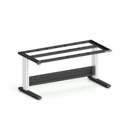 Höhenverstellbares ESD-Tischgestell TriMax Light (Art.-Nr. 160.322.100.78) in 1600 mm Breite, C-Fuß mit Spindelhub, Gestell in Tiefschwarz RAL 9005 und eloxierten Aluminium-Hubsäulen mit Erdung